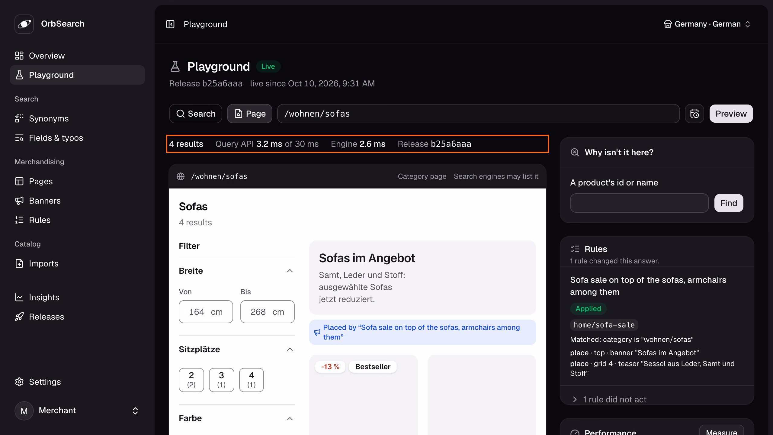 The Playground on the sofa page: the strip names it a category page, and the line above reads 4 results, the Query API's time against its budget, the engine's share and the release.