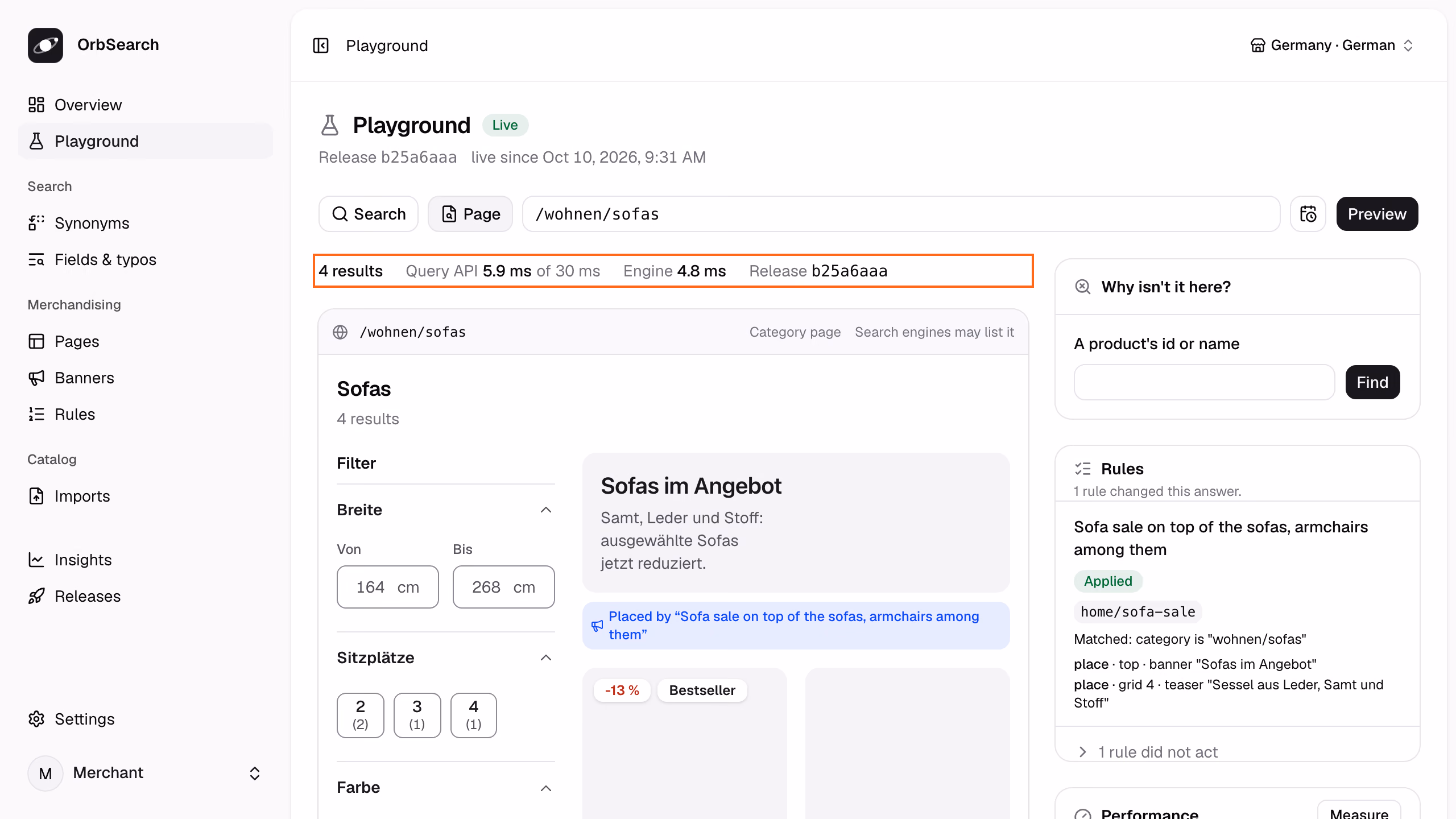 The Playground on the sofa page: the strip names it a category page, and the line above reads 4 results, the Query API's time against its budget, the engine's share and the release.